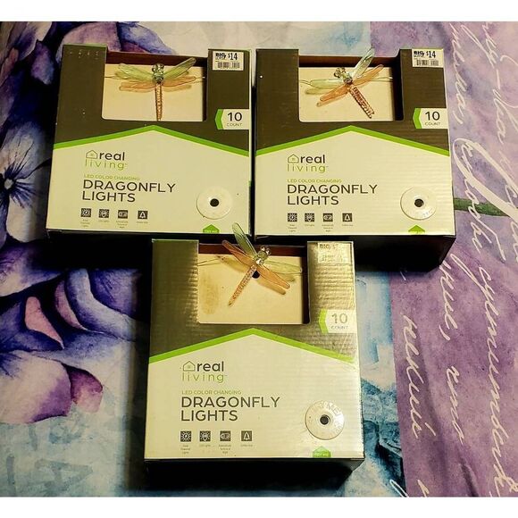 NEW IN BOX REAL LIVING DRAGONFLY SOLAR LIGHTS SET OF 3 - Picture 1 of 7